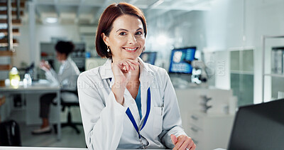 Buy stock photo Scientist, woman and happy portrait in lab, medical professional and bioinformatics analysis online or research. Innovation, career and life expansion study, recording experiment and data development