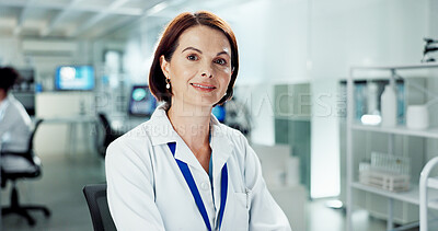 Buy stock photo Woman, scientist and portrait with smile in lab, research or cancer treatment at pharma company. Person, happy and innovation for drugs, medication or pride for career, study or experiment for health