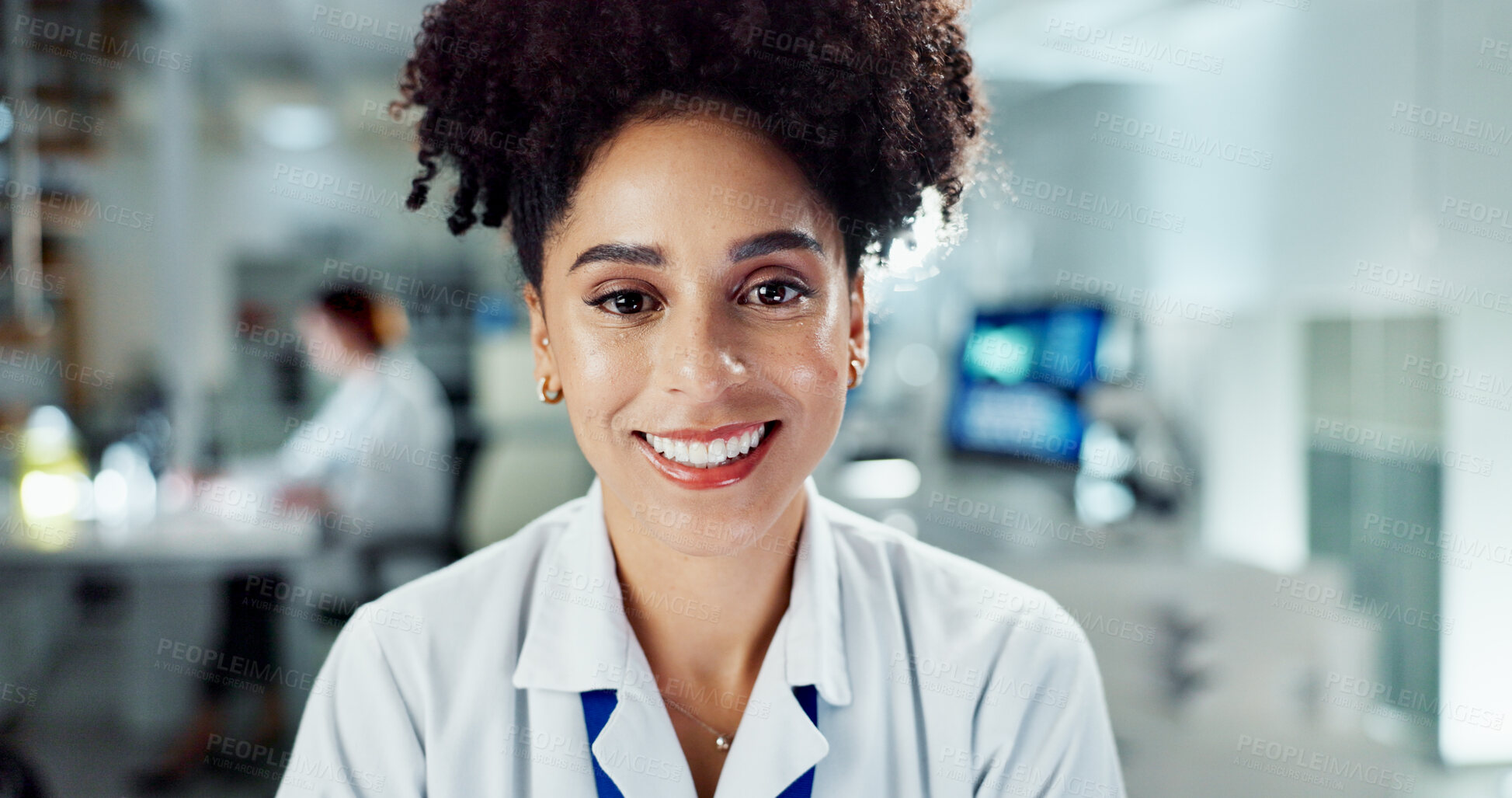 Buy stock photo African woman, smile and portrait in lab, research or cancer treatment with career at pharma company. Person, scientist and happy for innovation, study and experiment at job for medicine development