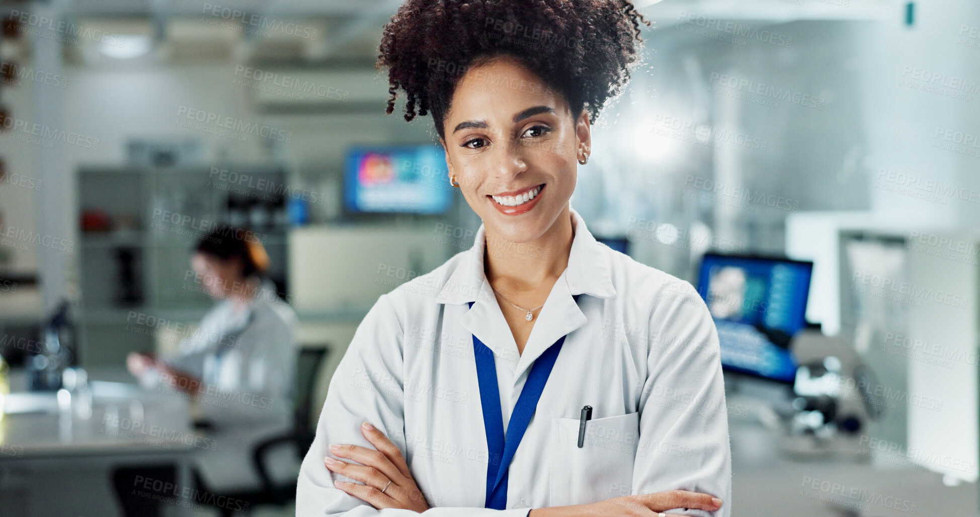 Buy stock photo African woman, arms crossed and portrait in lab, research and smile with career at pharma company. Person, scientist and happy for innovation, study and experiment at job for medicine development