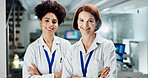 Scientist, woman and arms crossed in lab for portrait, medical researcher and employees together. Healthcare, medicine and development for people collaboration, pharmacist and professional smiling