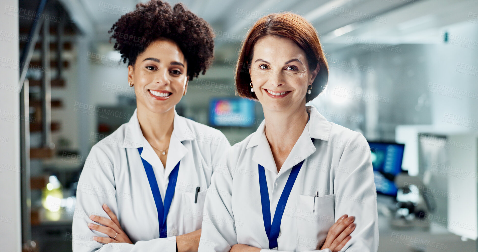 Buy stock photo Scientist, woman and arms crossed in lab for portrait, medical researcher and employees together. Healthcare, medicine and development for people collaboration, pharmacist and professional smiling