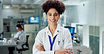 Happy woman, portrait and professional scientist with confidence at lab for science, research or discovery. Female person or biologist with smile or arms crossed for scientific or medical career