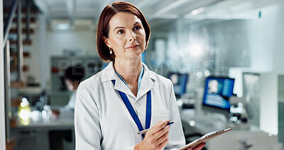 Buy stock photo Woman, medical and clipboard in lab thinking, scientist and researcher with results or vision for vaccine data. Healthcare, medicine and development, happy and professional for life expansion study