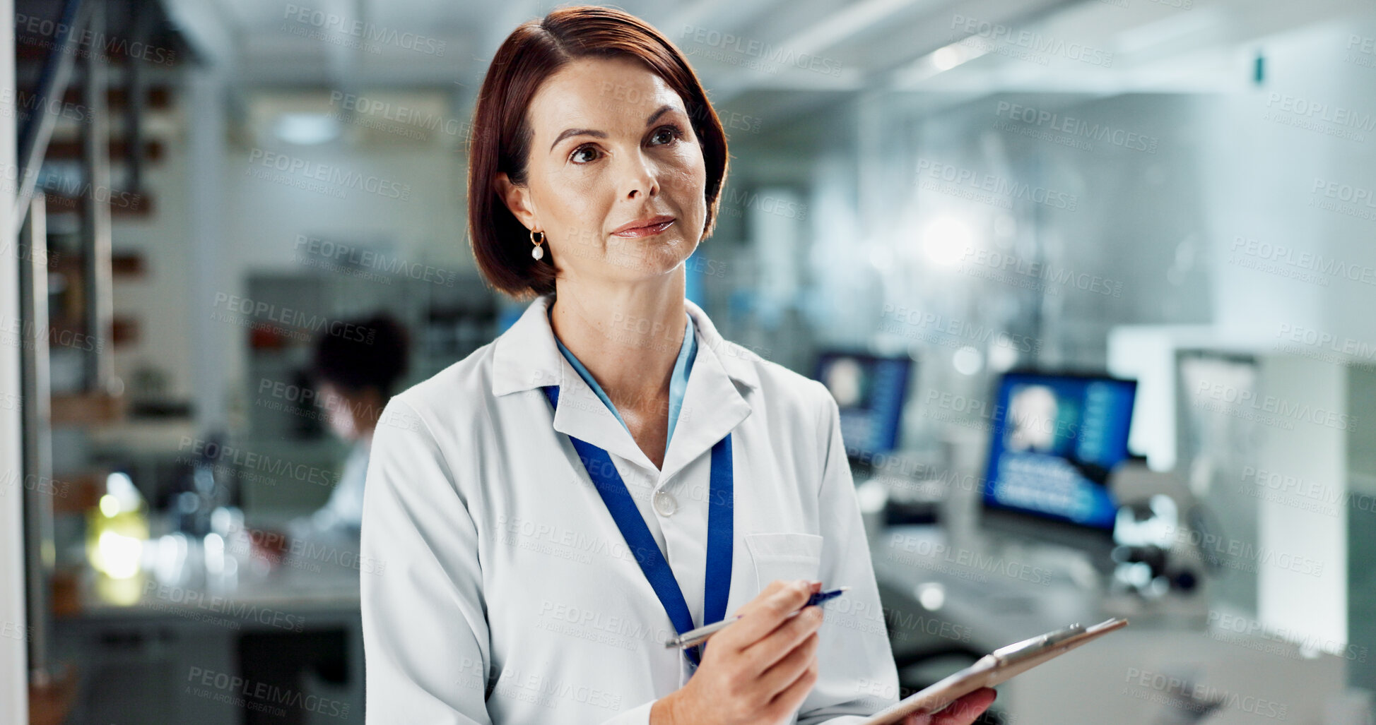 Buy stock photo Woman, medical and clipboard in lab thinking, scientist and researcher with results or vision for vaccine data. Healthcare, medicine and development, happy and professional for life expansion study