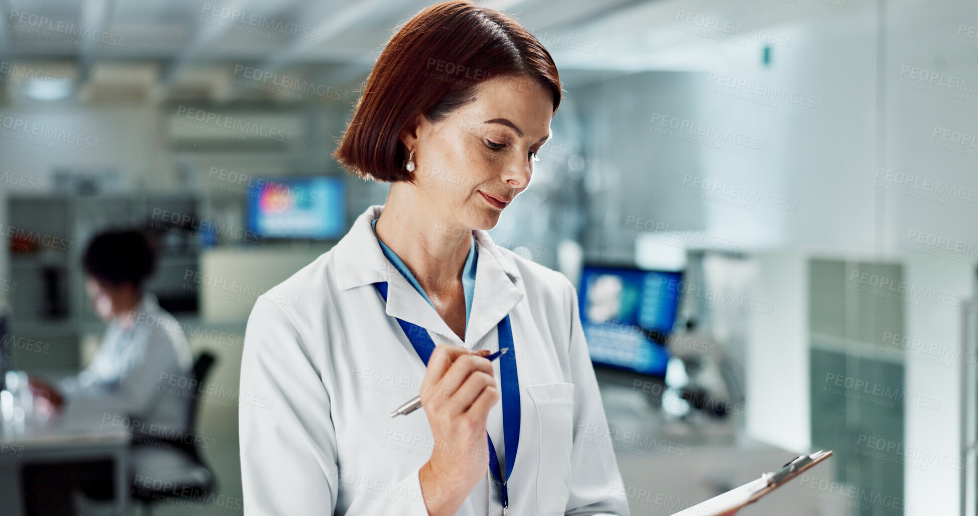 Buy stock photo Woman, scientist and checklist with clipboard for experiment results, medical study or budget on new discovery at lab. Female person or biologist checking research or list on science project or test