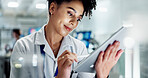 Woman, doctor and research with tablet for medical study, test results or exam on new discovery at lab. Female person or scientist with technology for science, innovation or development at laboratory