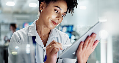 Buy stock photo Woman, doctor and research with tablet for medical study, test results or exam on new discovery at lab. Female person or scientist with technology for science, innovation or development at laboratory