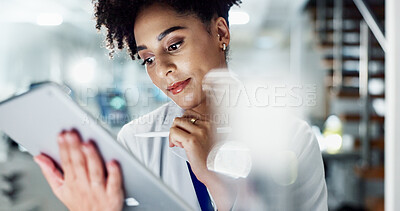 Buy stock photo Woman, doctor and thinking with tablet for new discovery, cure or medical study on test results or exam at lab. Young female person or scientist with technology for scientific research at laboratory