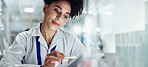 Woman, scientist and research with tablet for medical study, exam or new discovery at laboratory. Female person or biologist working with technology for online browsing on healthcare results at lab