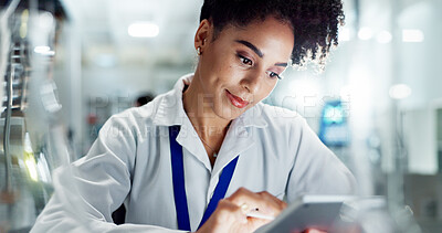 Buy stock photo Woman, scientist and research with tablet for results, medical study or exam on new discovery at laboratory. Female person or biologist working on technology for online browsing or experiment at lab