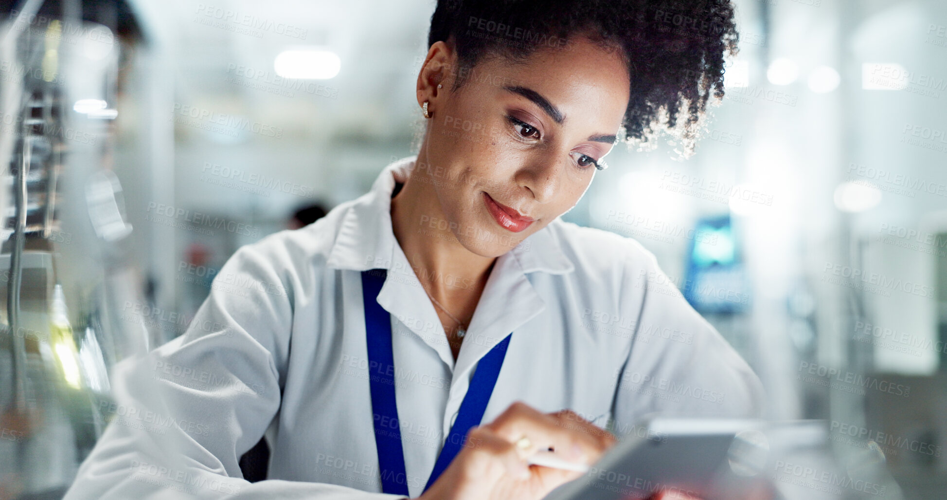 Buy stock photo Woman, scientist and research with tablet for results, medical study or exam on new discovery at laboratory. Female person or biologist working on technology for online browsing or experiment at lab