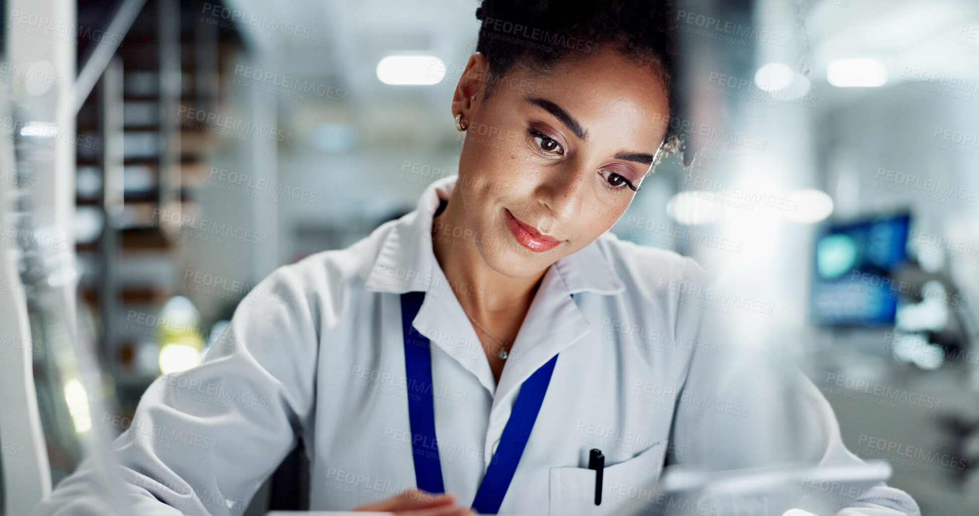 Buy stock photo Woman, biologist and research with tablet for results, medical study or exam on new discovery at laboratory. Female person or scientist working on technology for online browsing or experiment at lab