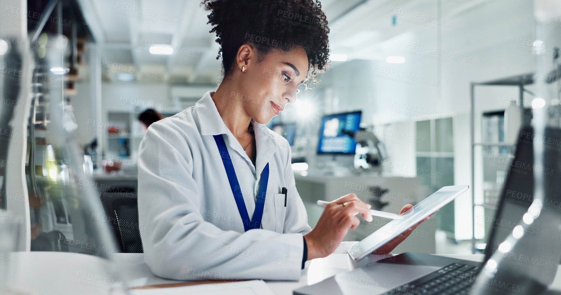 Buy stock photo Woman, scientist and research with tablet for experiment results, medical study or exam on new discovery at lab. Female person or biologist working on technology for science, test or development