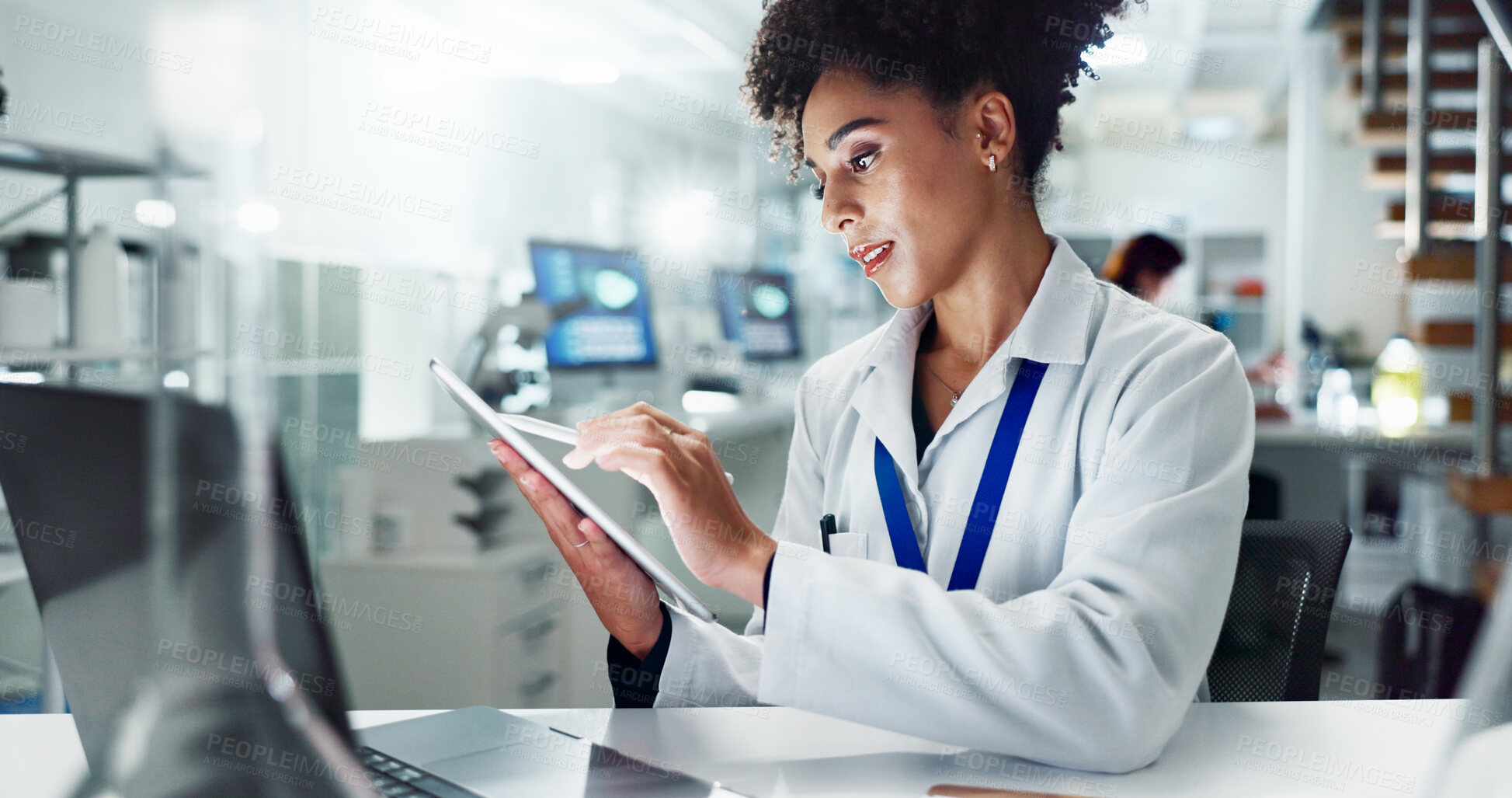 Buy stock photo Woman, scientist and research with tablet for results, medical study or new discovery on experiment test or exam at lab. Female person or biologist with technology for scientific data at laboratory