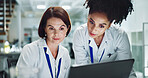 Woman, scientist and team with laptop for research, new discovery or breakthrough at lab. Female person or biologists working together on biotechnology for collaboration or results at laboratory