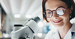 Happy woman, scientist and forensic with microscope for research, breakthrough or new discovery at laboratory. Female person or biologist smile, scope or biotechnology for experiment, test or exam