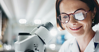 Buy stock photo Happy woman, scientist and forensic with microscope for research, breakthrough or new discovery at laboratory. Female person or biologist smile, scope or biotechnology for experiment, test or exam