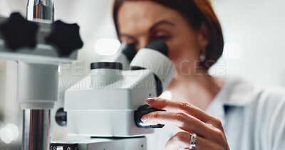 Buy stock photo Hands, woman and scientist by microscope with research for cancer treatment at pharmaceutical lab. Person, study and innovation for drugs, medication or dial for zoom, results and chemical solution