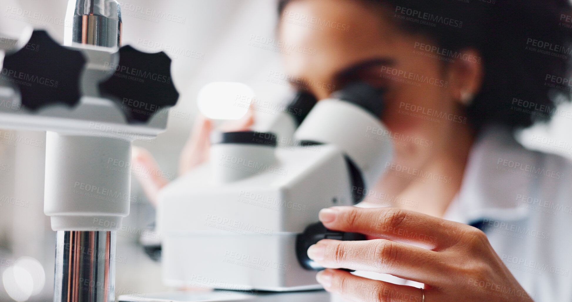 Buy stock photo Hands, woman and scientist with microscope in lab for cancer treatment with pharmaceutical research. Person, study and innovation with drugs, medicine and dial for zoom, results and chemical solution