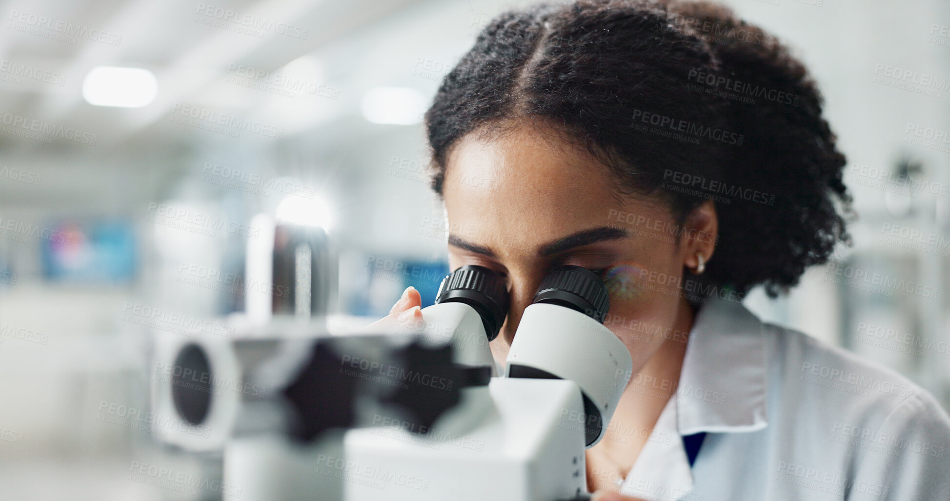 Buy stock photo Research, medicine and woman in lab, microscope and healthcare with experiment, testing and studying particles. Person, employee and researcher with equipment, DNA sample analysis and microbiology