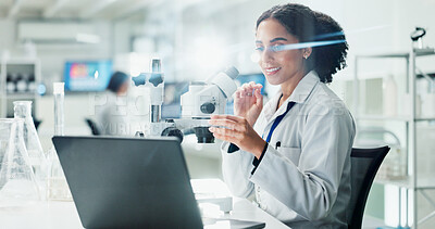 Buy stock photo Laptop, microscope and scientist with research in laboratory for medical innovation with biotechnology. Science, computer and female biologist typing online for pharmaceutical experiment in office.