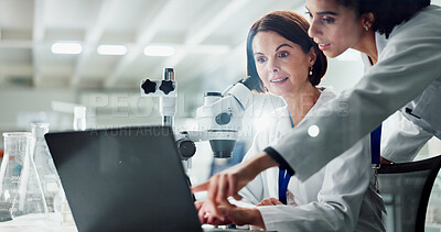 Buy stock photo Women, laptop and microscope in lab with discussion, point and check results for pharmaceutical research. People, scientist and partner with review, feedback and reading by computer in collaboration