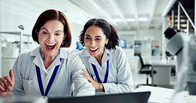 Buy stock photo Science, laboratory and excited women on laptop for medical discovery, results and vaccine breakthrough. Healthcare, pharmaceutical and scientists on computer for success, experiment and celebration