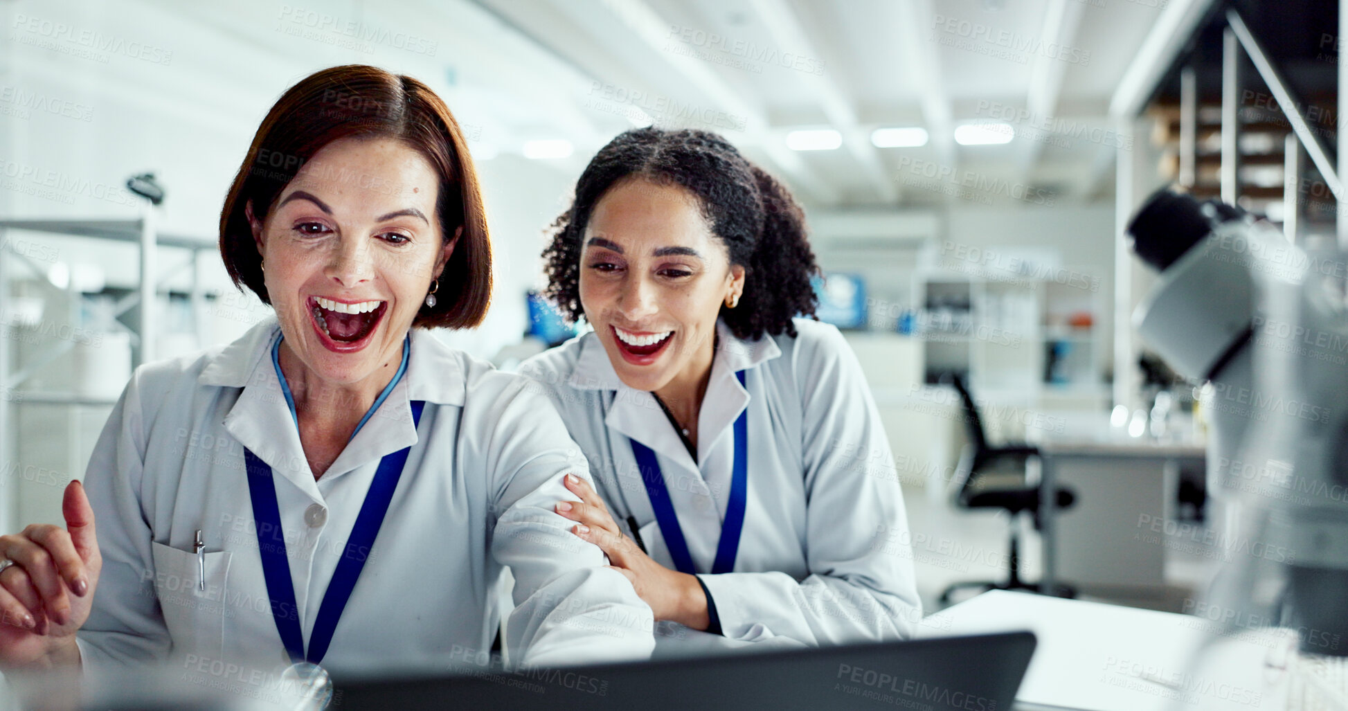 Buy stock photo Science, laboratory and excited women on laptop for medical discovery, results and vaccine breakthrough. Healthcare, pharmaceutical and scientists on computer for success, experiment and celebration