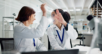 Buy stock photo Women, high five and laptop in lab for science, notification or celebration for research project. People, scientist and lab partner by computer for cheers, excited or results for funding application