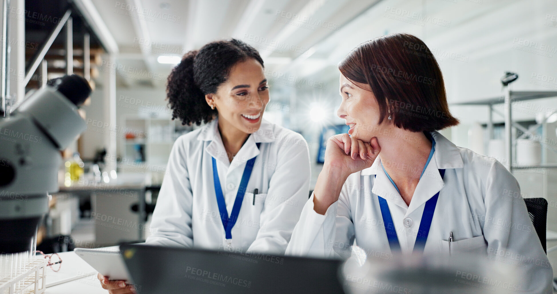 Buy stock photo Happy, woman and scientist team with research for new discovery, breakthrough or medical study at lab. Female person or biologists with smile for biotechnology, collaboration or results at laboratory