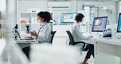 Buy stock photo Science, laboratory and people on computer for medical analysis, research and medicine development. Healthcare, biotechnology team and women scientist with equipment for sample, experiment and study