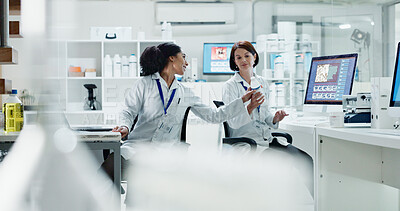 Buy stock photo Conversation, chemistry and women in lab, teamwork and question with help, advice and cooperation. People, science investigation or researcher in workspace, bottle or testing with experiment or study