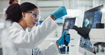 Buy stock photo Glass vial, pipette and woman scientist in laboratory for medical study, research or experiment. Test tube, dropper and professional female person with chemical liquid for pharmaceutical innovation.