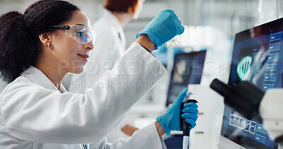 Buy stock photo Glass vial, dropper and woman scientist in laboratory for medical study, research or experiment. Pipette, test tube and professional female person with chemical liquid for pharmaceutical innovation