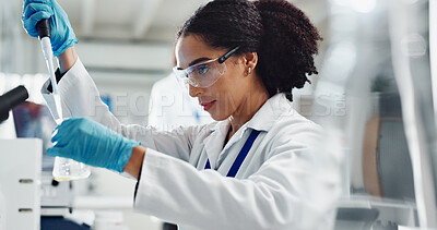 Buy stock photo Glass beaker, pipette and woman scientist in laboratory for medical study, research or experiment. Goggles, dropper and professional female person with chemical liquid for pharmaceutical innovation.