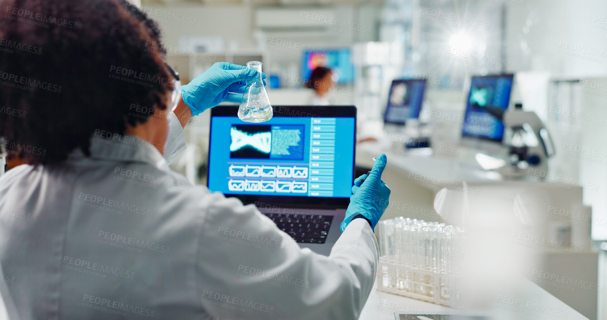 Buy stock photo Lab, back and woman for science research, bio technology and gene mutation with laptop for data analysis. Bioinformatics, innovation study and beaker with chemical, life expansion and development