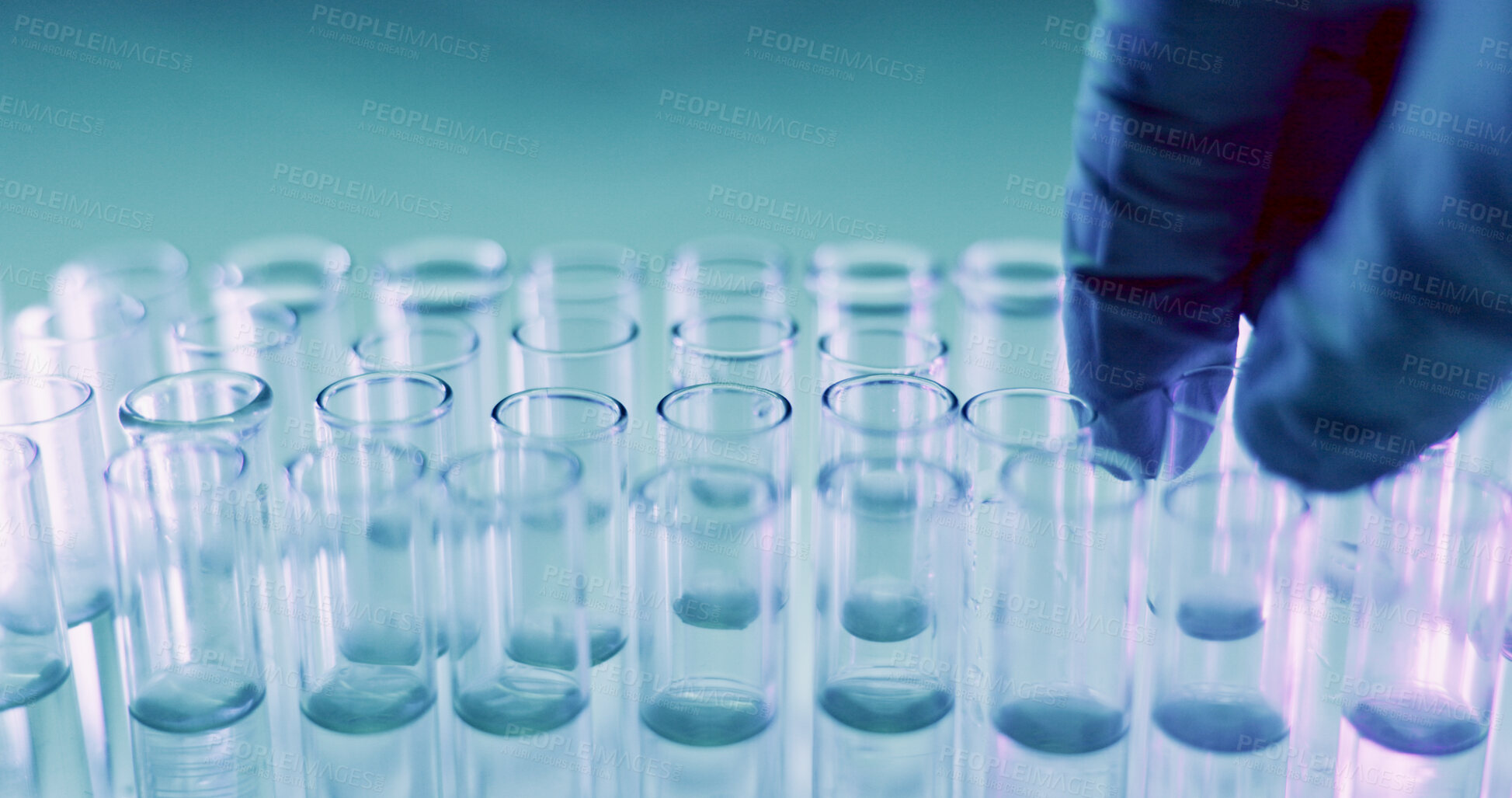 Buy stock photo Healthcare, scientist and hand with test tube in lab for medical exam, investigation and development. Science, innovation and person with equipment for vaccine study, bacteria sample and research