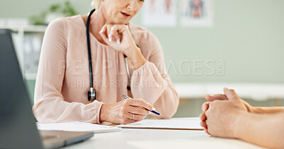 Buy stock photo Woman, doctor and hands writing with patient for prescription, diagnosis or insurance at hospital. Closeup of female person consulting client with paperwork for dosage or medical results at clinic