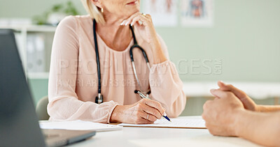 Buy stock photo Woman, doctor and hands with patient in consultation for prescription, diagnosis or insurance at hospital. Closeup of female person writing note for client, dosage or medical results at clinic desk