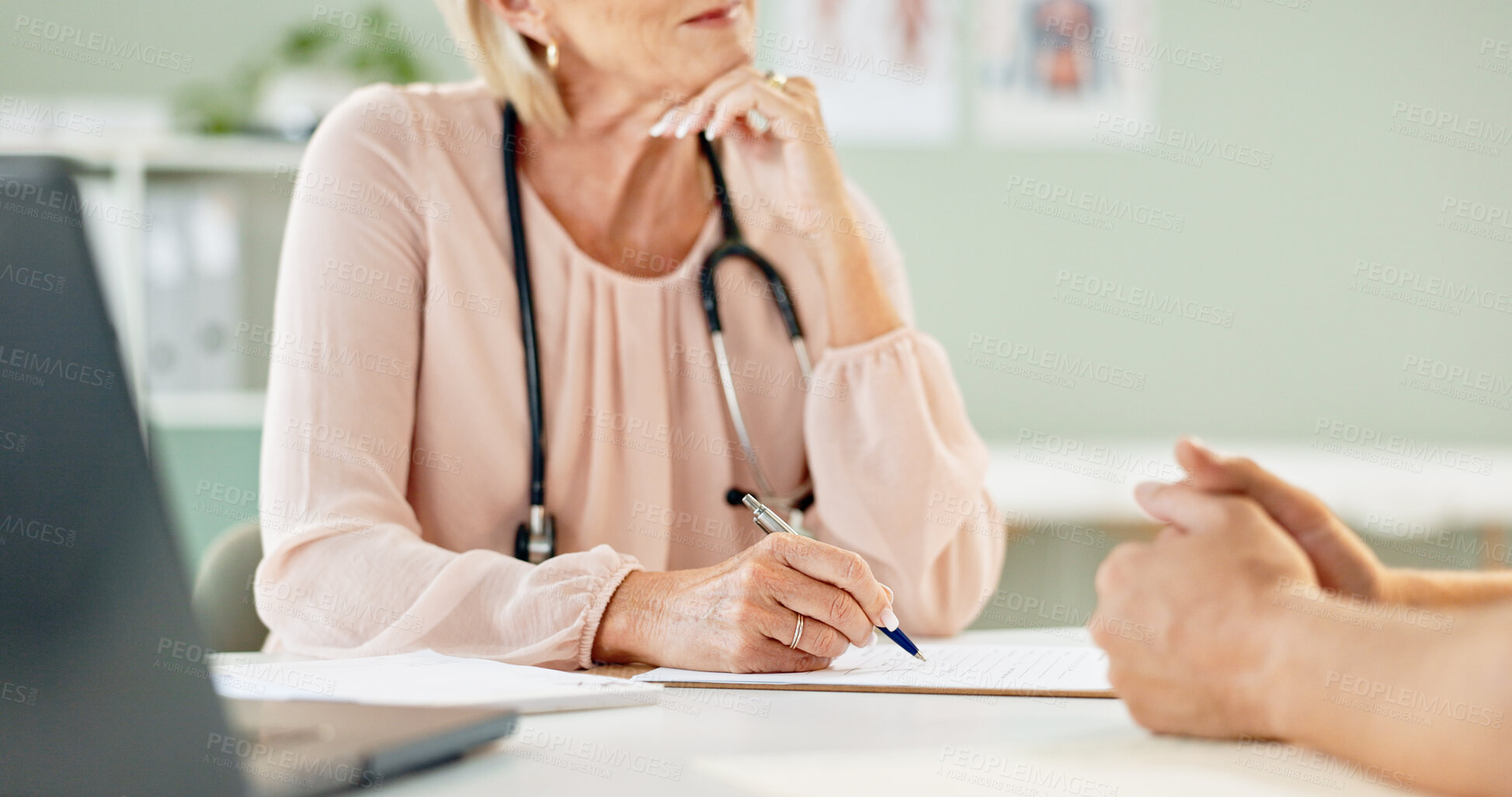 Buy stock photo Woman, doctor and hands with patient in consultation for prescription, diagnosis or insurance at hospital. Closeup of female person writing note for client, dosage or medical results at clinic desk