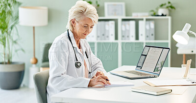 Buy stock photo Doctor, senior woman and writing prescription for healthcare, drugs and wellness info at hospital. Person, medic and service with script for medicine, antibiotics or pharmaceutical product on paper