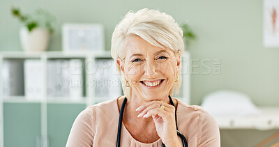 Buy stock photo Healthcare, doctor and portrait of mature woman with stethoscope for medical career, support and health. Clinic, consulting room and happy person for cardiology, pulmonary service and wellness