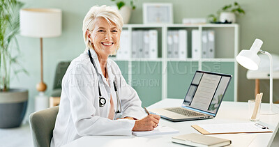 Buy stock photo Doctor, woman and writing prescription in portrait for healthcare, drugs or medical info at hospital. Mature person, medic and service with script for wellness, antibiotics or pharma product on paper