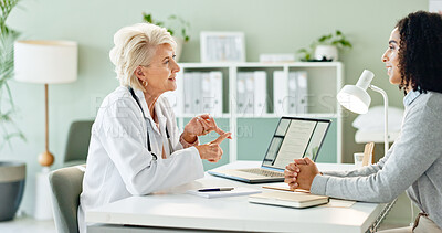 Buy stock photo Mature woman, doctor and consultation with patient for medication, prescription or diagnosis at hospital. Female person talking or consulting to client for dosage, steps or list at office or clinic