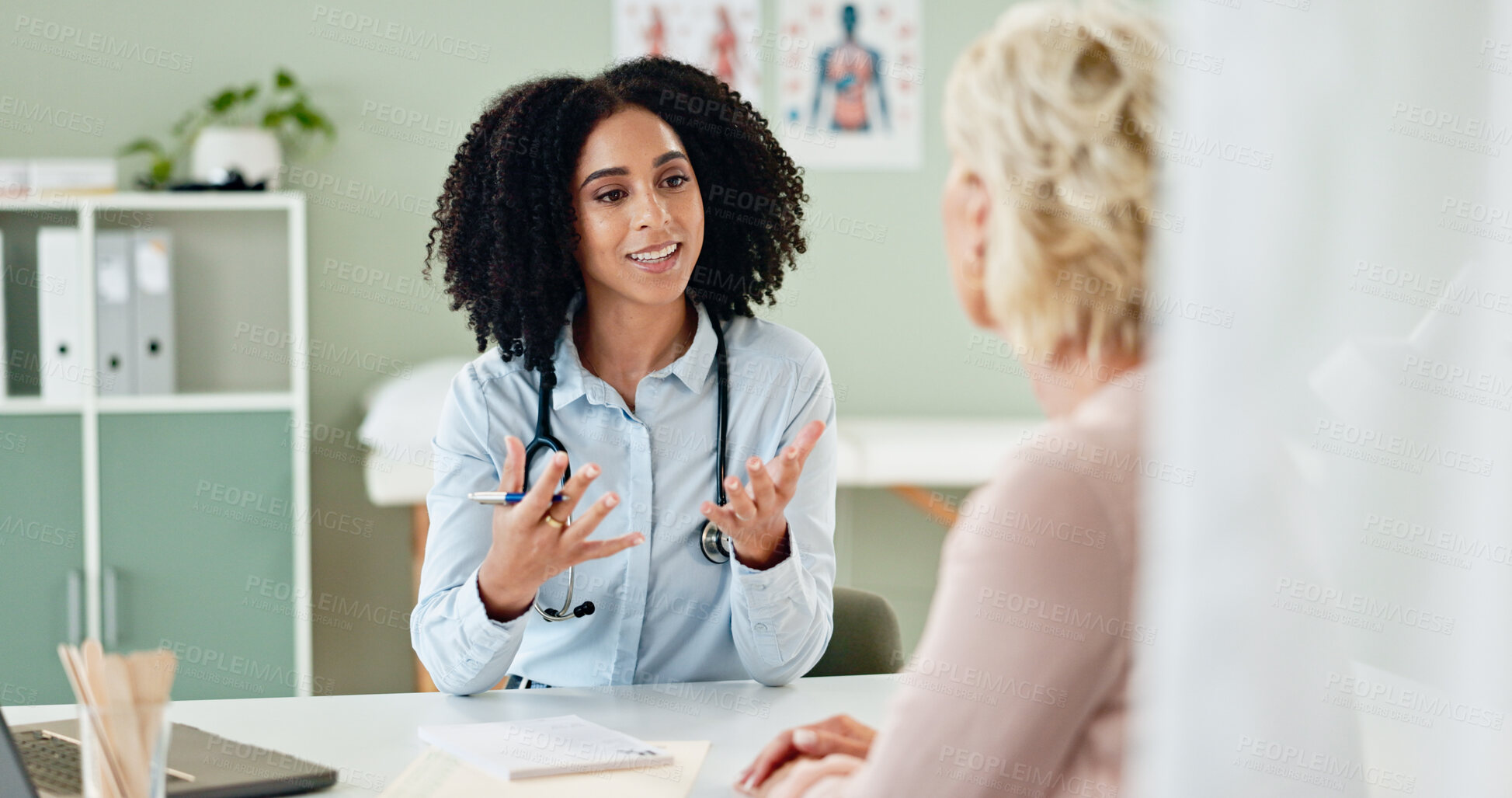 Buy stock photo Woman, doctor and consultation with patient for medication, prescription or diagnosis at hospital. Female person talking or consulting to client for dosage, procedure or results at office or clinic