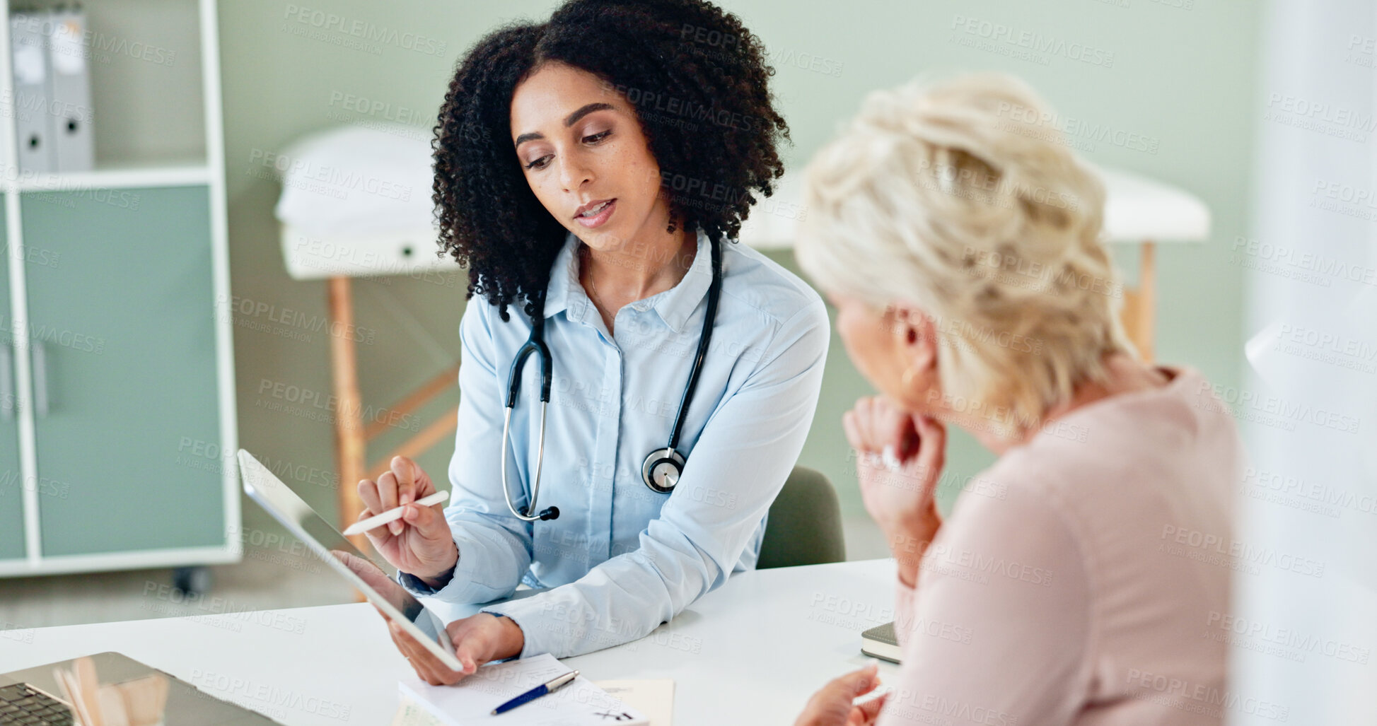 Buy stock photo Woman, doctor and consulting patient with tablet for medication, prescription or diagnosis at hospital. Female person talking to client for consultation, dosage or medical results at office or clinic
