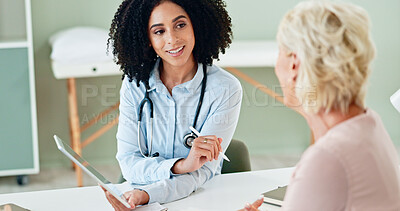 Buy stock photo Happy woman, doctor and consulting patient with tablet for medication, prescription or diagnosis at hospital. Female person talking to client for consultation, dosage or medical results at clinic