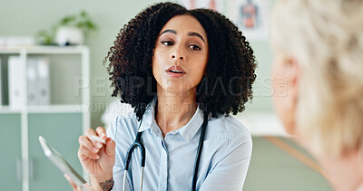 Buy stock photo Doctor, woman or patient in consultation with tablet for healthcare support, medical results or feedback. Medicine, professional and person with discussion for diagnosis, consulting or health service