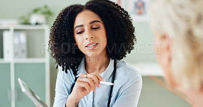 Buy stock photo Doctor, woman or patient in discussion with tablet for healthcare support, medical results or feedback. Medicine, professional and person with consultation for diagnosis, consulting or health service